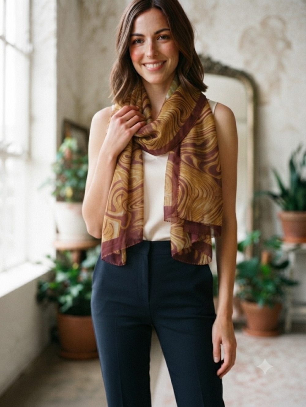 Stunning abstract swirl print silk scarf with merlot border